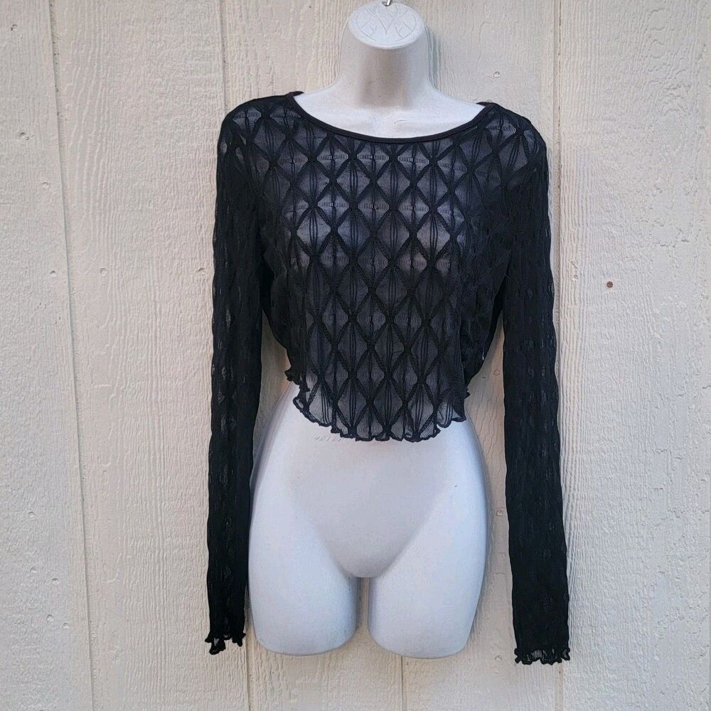 Womens Sheer Black Longsleeve Top Sz L Cropped Goth Whimsigoth Y2k